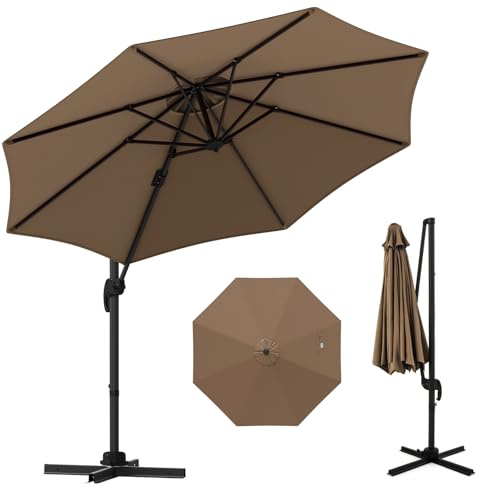 TANGZON 3m Cantilever Parasol, Banana Parasol with Cross Base, 5 Tilt Positions, 360 Degree Rotation, Crank Handle & 8 Ribs, Offset Garden Umbrella Sun Shade for Patio Garden Poolside, Brown