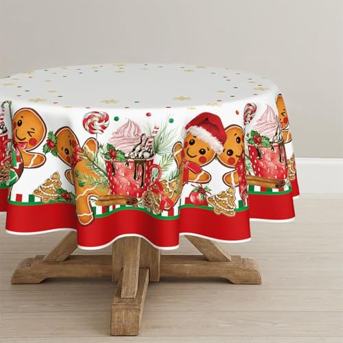 Artoid Mode Lebkuchenmann Lollipop Schneeflocken Weihnachten Tischdecke Rund 140 cm, Winter Fleckschutz Tischwäsche Küche Dekoration Party Dekor