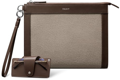 VULKIT Bolsa de mano para hombre con funda extraíble para gafas, cartera grande para hombre, bolsa de mano de negocios, Mocha Beige