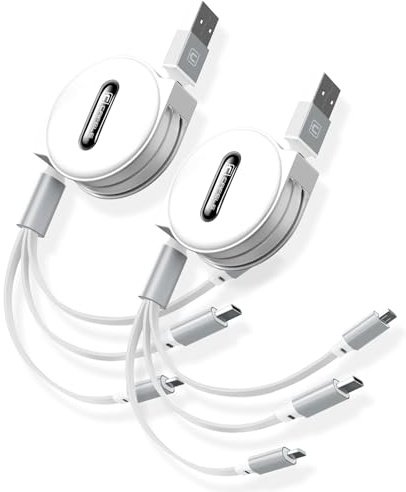 CAFELE 3-i-1 infällbar laddkabel [2 stycken 20–120 cm], 5 V/3 A säker snabbupprullbar multi USB-kabel, universell, flera gånger med typ C/microUSB/telefon för 16 15 14 13 Galaxy Huawei X1a0mi
