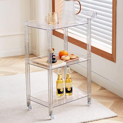 3-stöckiger Barwagen aus Acryl mit Rädern, transparentes mobiles Weinregal, multifunktionaler Aufbewahrungstisch für Küche, Esszimmer, Wohnzimmer, stilvolles weißes Design