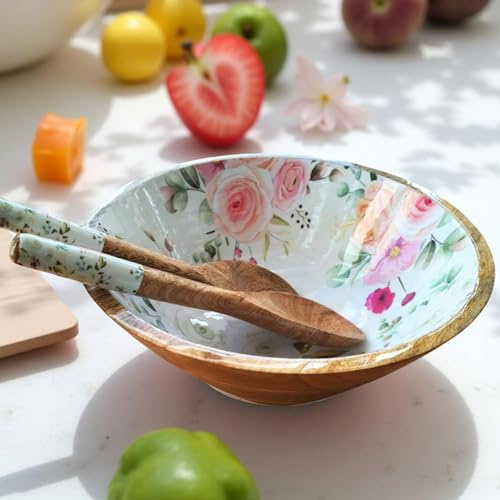 Hartsmede Handmade Mango Wood Salad Bowl Set 12 – Large Wooden Serving Bowl with Matching Spoons, Food-Safe Enamel Interior, Decorative Floral Fruit Bowl for Kitchen Dining Table (Floral)