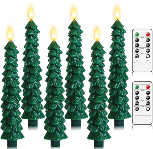 Lezonic 6Pcs Flameless Christmas Tree Candles with Remote Timer, LED Taper Candles Battery Operated Flickering Flame, 10 Inches Green Real Wax Window Candlesticks for New Year Xmas Decorations