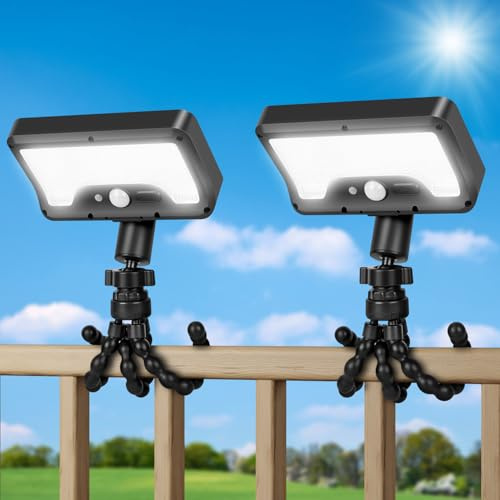 LEKIA Solarlampen mit Bewegungssensor für Außen mit Flexiblem Oktopus Stativ, 2 Stück 6500K 1000LM Solarleuchten zum Anklippen, Wasserdicht, Dual Ladung für Dachrinnen, Camping, Zaun, Terrasse, Balkon