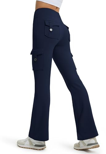 Libin Leggings Thermique évasé pour Femme Hiver Cargo Chaud Imperméable Pantalon Doublé Polaire de Randonnée Yoga Sport Ski Bootcut Pantalon avec Poches 31, Bleu Marine, L