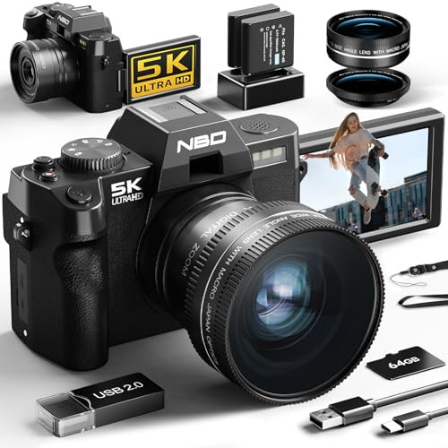 NBD 5K 64MP Appareil Photo numérique avec autofocus, Zoom numérique 16x, Écran IPS 3 180°, WiFi + Lentille Grand Angle/Macro + Carte 64GB + 2 Batteries(Noir)