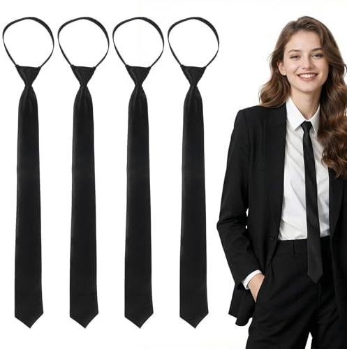 KFHENSOMR 4 Stück Herren Krawatten Vorgebunden Sicherheitskrawatte mit Reißverschluss Schmal Krawatte Schlips Schwarz Hochzeit Trauerkrawatte Abschlussfeier Schule