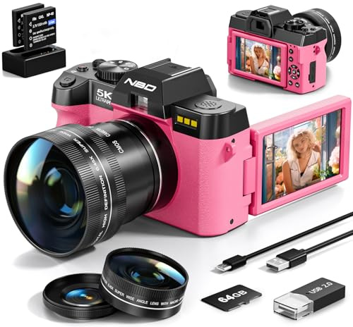 5K&64MP Digital Camera for Photography & Video, 16X Zoom, WiFi, 180° Flip Screen, Autofocus, Anti-Shake, Wide-Angle & Macro Lens Kit, Webcam Mode, 64GB Card & 2 Batteries for Travel Vlogging (Pink)