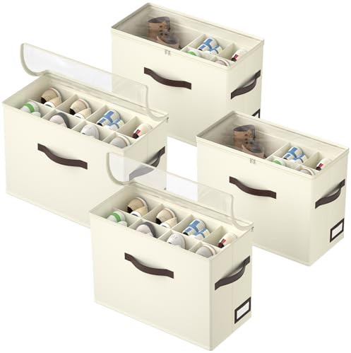OIAHOMY 4 Pack Shoe Organizer for Closet, Foldable Shoe Storage Bins with Adjustable Dividers, Stackable Oxford Cloth Sneaker Boxes for Entryway Bedroom, Fits Up to 32 Pairs, Beige