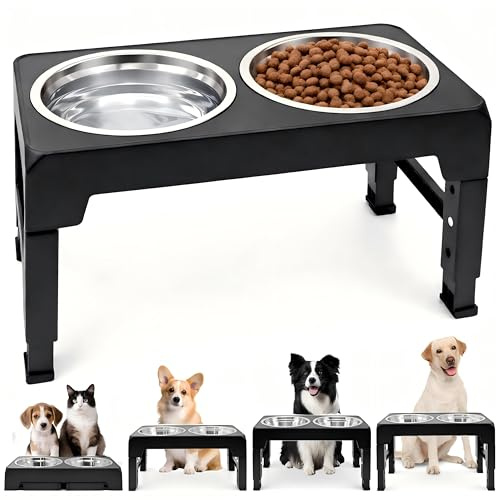Adjustable Raised Dog Bowl with Stand, 4 Height Settings 8/22/26/30cm & 2 x 1200ml Stainless Steel Bowls, Non-Slip Elevated Feeding Station for Small, Medium & Large Dogs