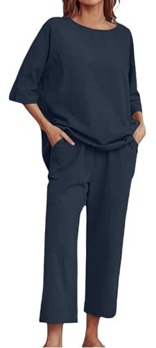 Ladies Tracksuit Sets Co Ords Sets for Women UK Cotton Linen Boho Capri Pants Set Ladies Summer Vacation Leisure Suits Two Piece 3/4 Sleeve Tops Capris Trousers Airport Travel Outfit Navy XL