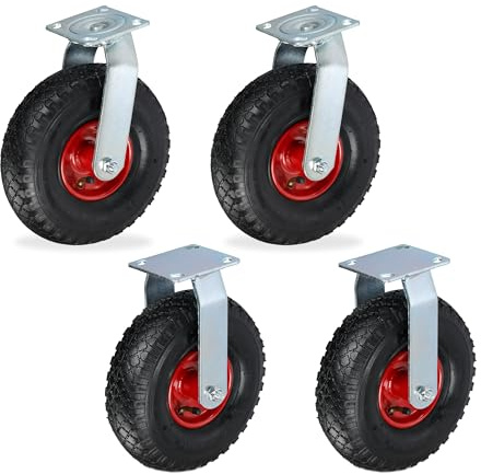 Relaxdays 2X Bockrolle + 2X Lenkrolle Set, luftbereiftes Schwerlastrad, 3.00-4, Transportrollen 120 kg, schwarz/rot