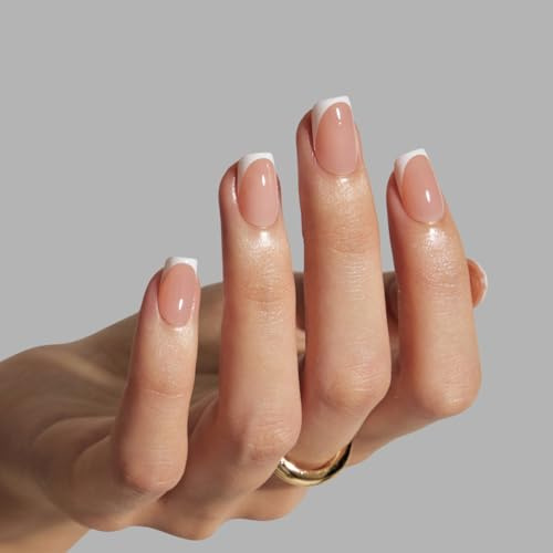 LAMIMOSA 32Pcs Micro French Tip False Nails - Short Square Press on Nails kit with Glue, Soft Gel Fake Nails in 16 Sizes, Reusable Semi-Transparent Stick on Nails, MICRO FRENCH