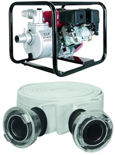 T.I.P. Benzin Wasserpumpe - Motor Gartenpumpe 30.000 l/h Fördermenge, 30 m Förderhöhe, 3,0bar Druck, max. 3,85kW (5,2PS) Leistung + T.I.P. Bau- und Industriegewebeschlauch - Feuerwehrschlauch 15 m