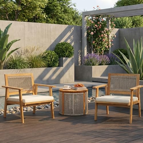 Hometopia Gartenstuhl Holz 2er Set mit Kissen Akazienholz, Outdoor Gartensessel mit Seilbespannung und Geflochtener Rückenlehne, Stabil bis 150kg für Balkon, Terrasse und Garten 64 x 64 x 75 cm