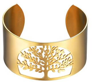 PROSTEEL Damen Offener Armreif Edelstahl/18k vergoldet Baum des Lebens Armband 40MM breit Weltenbaum Lebensbaum Armspange Armschmuck für Mädchen Frauen