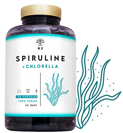 Chlorella Spirulina Tablets 1250mg Powerful Antioxidant,Helps Immune System,Reduces Fatigue.Provides Iron, Eliminates Heavy Metals.180 Vegetable Capsules.1250mg.UK Vegan Certified.N2 Natural Nutrition