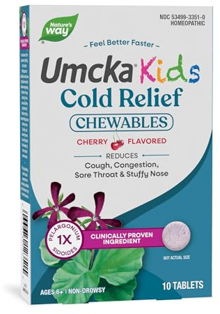 Nature's Way Umcka Kids Cold Relief Chewables, Homeopathic Cold Medicine and Remedy, Shortens & Reduces Severity of Cough, Congestion & Sore Throat for Children Ages 6+, Cherry Flavored, 10 Count