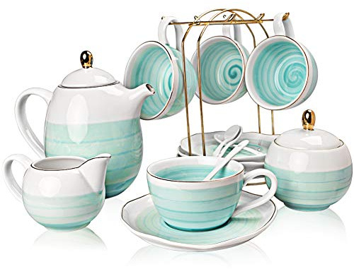 Sweejar Juego de té de porcelana, capacidad de 8 onzas, estilo moderno, color azul, patrón natural, servicio de té de 16 piezas para 4, incluye tetera, azucarero, jarra de crema, cucharaditas y