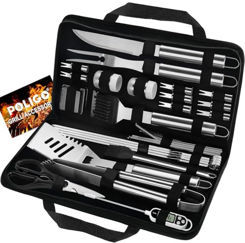 POLIGO 29 PCS BBQ Grill Accessories Stainless Steel BBQ Tools Grilling Tools Set with Storage Bag for Fathers Day Dads Birthday Presents - Camping Grill Utensils Set Ideal Grilling Gift for Men Silver