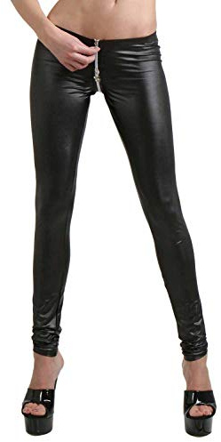 MISS NOIR Legging Sexy pour Femmes Wetlook S-3XL avec Taille Basse et Pantalon de soirée Clubwear à glissière 4 Directions
