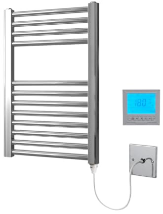 Greened House Chrome Electric Heated Towel Rail 400mm W x 600mm H | Includes 7 Day Timer/Thermostat, Flat, Bathroom, Straight, Towel Warmer