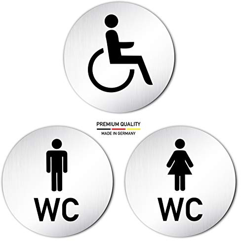 Türschilder24 XXL Toilettenschilder • Set aus 3 Schildern: 1x Damen WC 1x Herren WC 1x Rollstuhl Pikto • Ø 100mm • Aluminium (eloxiert) • Türschild Hinweisschild