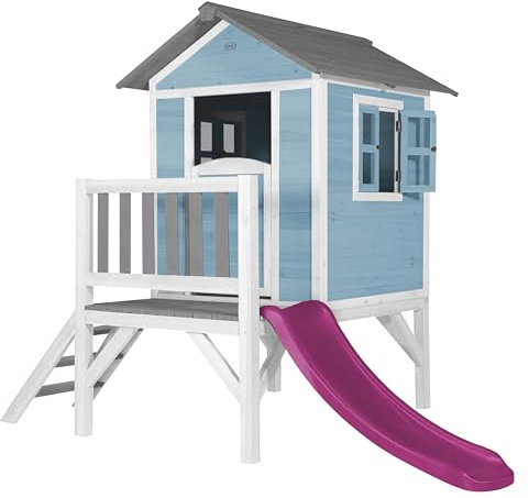 AXI Beach Lodge XL Casetta blu con scivolo viola | Casa per bambini su palafitte con veranda in legno FSC | Parco giochi per il giardino