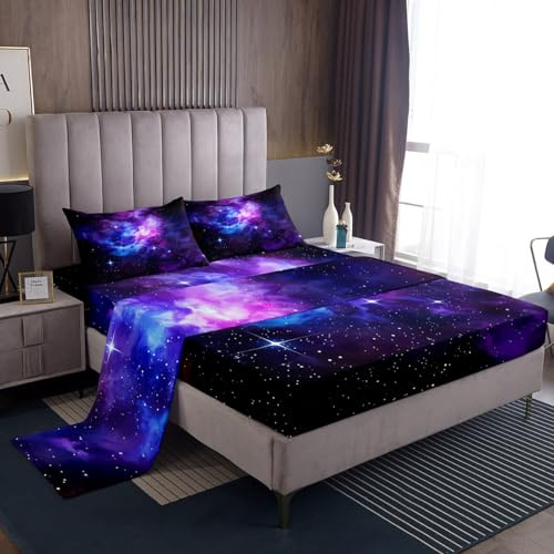 Parure di lenzuola elegante per letto singolo, motivo con galassia viola, con lenzuolo di sopra e lenzuolo con angoli, per bambini e ragazzi, con cielo stellato, universo e stelle