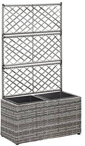 (Blitzlie ferung) Garten Hochbeet mit Spalier Gartenspalier, Blumenkasten Rankkasten, Rankgitter Rankhilfe Blumenkübel Hochbeet mit Rankgitter 2 Töpfe 58x30x107cm Poly Rattan Grau