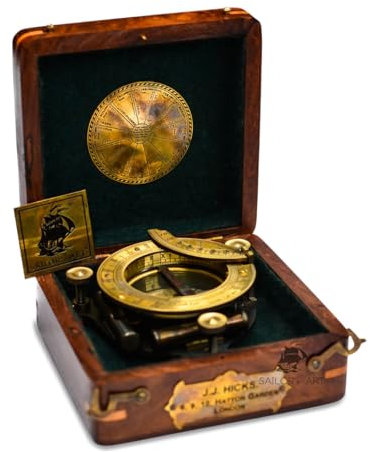 Sailor's Art Messing-Kompass – Antiker Sonnenuhr kalibrierter Kompass, Sonnenuhruhr mit Holzbox und Diagramm, einzigartiges Vintage-Geschenk für Männer
