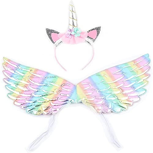 YiYaO Einhorn Stirnband,Einhorn Haarband und Engelsflügel für Halloween Karneval Cosplay Kostüm Zubehör Party Feier