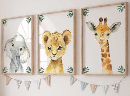 Eviepops Prints Set aus 3 Safaritieren für Kinderzimmer von Jungen und Mädchen, Ungerahmter Druck, Schlafzimmerdekor, Dschungeldekoration, Dekor im Babyzimmer, elefant giraffe löwe (A3)