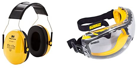 Peltor 3M Optime I Earmuff H510A; Lightweight Ear Defender (SNR: 27dB), yellow, Pack of 1 & DeWalt GOGGLE Concealer Clear Goggle DPG82-11D