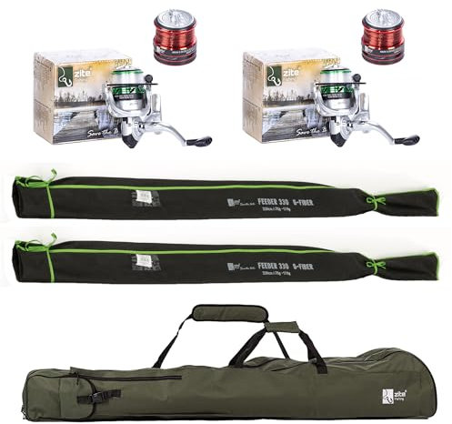 Zite Fishing Angelset Feeder-Angeln | 2 Feederruten 3,30m mit 3 Wechselspitzen | 2 Angelrollen mit Schnur bespult | Rutentasche 1,50m | Feeder-Set zum Futterkorb-Angeln