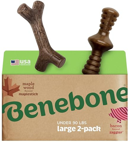 Benebone 2-Pack Indestructible Maplestick/Zaggler for Aggressive Chewers, Long Lasting Tough Boredom Breaker for Dogs, Real Bacon and Maple Wood Flavour, For Large Dogs, Made in the USA.