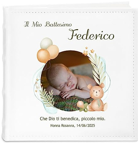 Maverton Album Fotografico - Copertina in Pelle Sintetica Bianca Personalizzata con Stampa Colorata - 100 pagine - 200 foto 10x15 cm - regali neonato, battesimo, compleanno - Orsetto