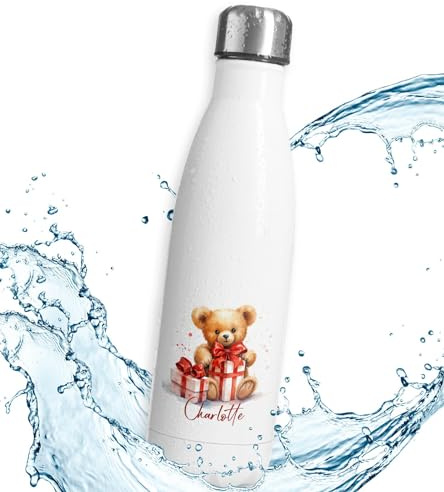 timalo® Thermosflasche Weihnachten personalisiert mit Namen auslaufsichere Edelstahl Trinkflasche Geschenk Wasserflasche für Männer Frauen Kinder Mädchen Jungen 750mL | Teddybär