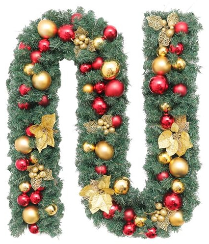 Odot Tannengirlande Weihnachtsdeko 270cm, Weihnachtsgirlande Girlande Weihnachten, Künstliche Tannengirlande, Weihnachten Rattan, Kamin Treppe Balkon Dekoration Tür Outdoor Innen (Gold Rot,270cm)