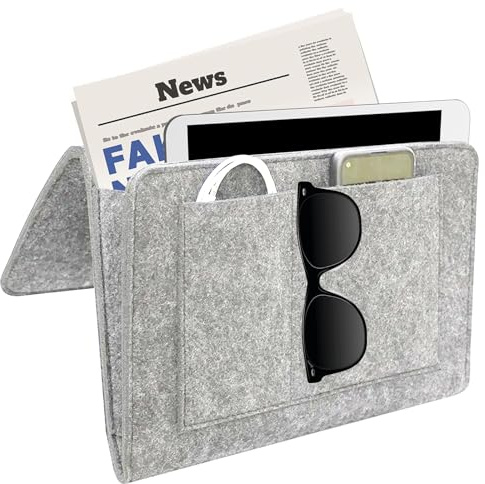 QianFenShi Betttasche zum Einhängen,Bett Organizer zum Einhängen (Hellgrau) | Bettaufhänger-Aufbewahrungstasche,Aufbewahrungstasche Bett,Dicke Filz,Anti-Rutsch,für Handy,iPad,Buch,Brille,Fernbedienung