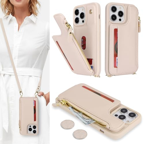 SailorTech Handyhülle für iPhone 12 Pro Max Etui mit Kartenfach, iPhone 12 Pro Max Hülle mit Verstellbarer Halskette, iPhone 12 Pro Max Handytasche mit Reißverschluss Geldbörse - Aprikose