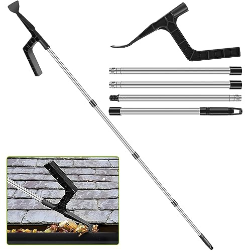 Gutter Cleaning Tool, Portable Roof Gutter Cleaner with 70.8in Splicing Pole Handle, Detachable Cleaning Brush and Scoop Roofing Guard,Cleaning Scraper Tool for Cleaning Leaves and Debris