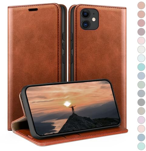 HUOUH für iPhone 11 6,1 Hülle mit RFID Schutzhülle aus Lederhülle Handyhülle,360 Grad Schutz Case,Kartenfach Leder ständer Handy hülle für Apple 11 Klapphülle Wallet Cover Hellbraun