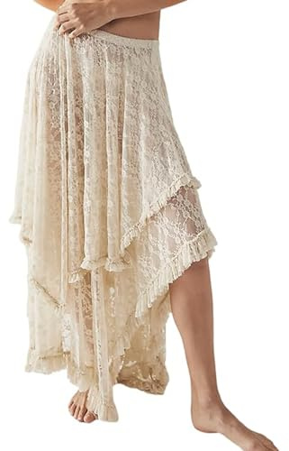 Yimoon Faldas largas de Encaje Floral para Mujer, elásticas, asimétricas, Transparentes, Sexy, traslúcidas, para la Playa, Beige, Large