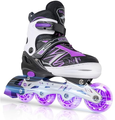 LOKJIJI Einstellbare Inline Skates für Kinder Mädchen Jungen Anfänger, Schwarz & Violett Inline Skates mit Light Up Räder für Kinder und Jugendliche für drinnen draußen Sport (Small)