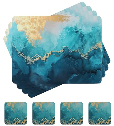 fanquare Platzsets für Esstisch mit Marmor Textur und weicher Korkunterlage - Hitzebeständige Tischsets, 4er Set, Blau, 41x31cm inkl. Untersetzer