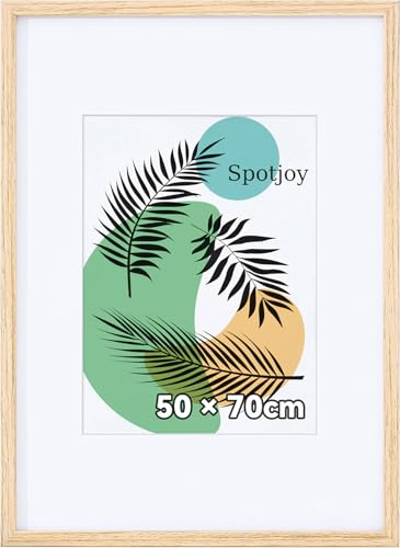 Spotjoy Bilderrahmen 50x70 cm mit Passepartout für Wandmontage | Holzrahmen Rahmen Dokumentenrahmen Zertifikatsrahmen mit Acrylglas für Fotos, Poster, Porträts, Eiche
