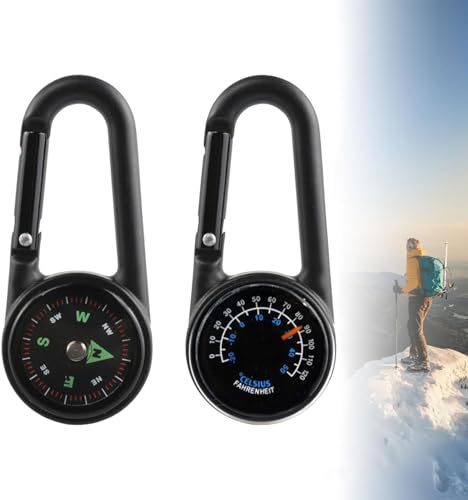 Kompass Mit Karabinerhaken, Kompass Schlüsselanhänger + Thermometer, Mini Kompass, Multifunktionaler tragbarer Kompass Karabiner aus Metall, 3-in-1 Outdoor Navigationswerkzeug für Wandern Camping