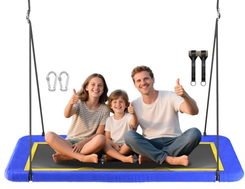 60'' Rectangle Platform Tree Swing for Kids and Adults, Giant Flying Swing with Adjustable Hanging Strap, Waterproof Textilene Fabric Tear & UV Resistant, Swings Set for Backyard Garden (Blue 02)