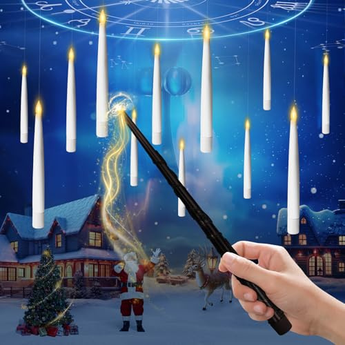 Soumit Flammenlose LED Kerze mit Zauberstab Fernbedienung, 12 Stück Schwimmende LED Kerzen, Warmes Licht Schwebende Kerzen, Flackernde Stabkerzen für Halloween Weihnachten Deko